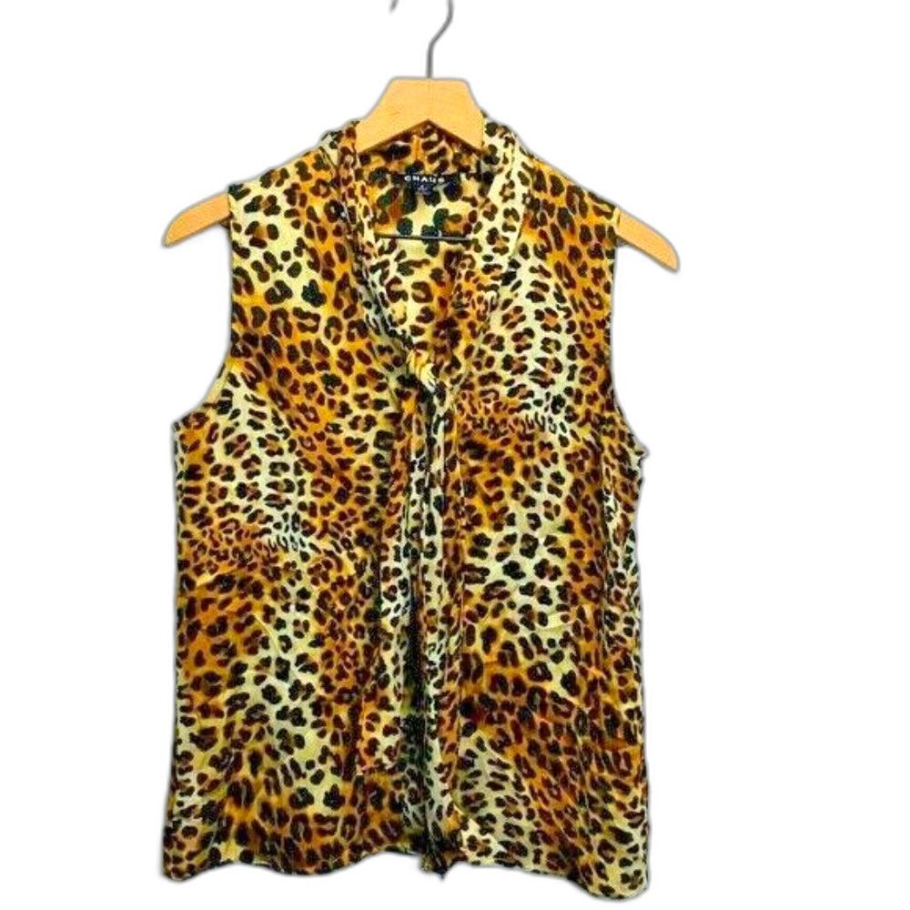 Chaus Women’s Leopard Print Sleeveless Blouse Size 8 Silky Neck Animal Print Top